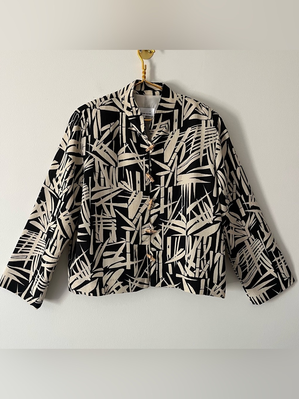 Caroline Rose Black Cream Asian Inspired Bamboo Print Cropped Jacket Toggles L